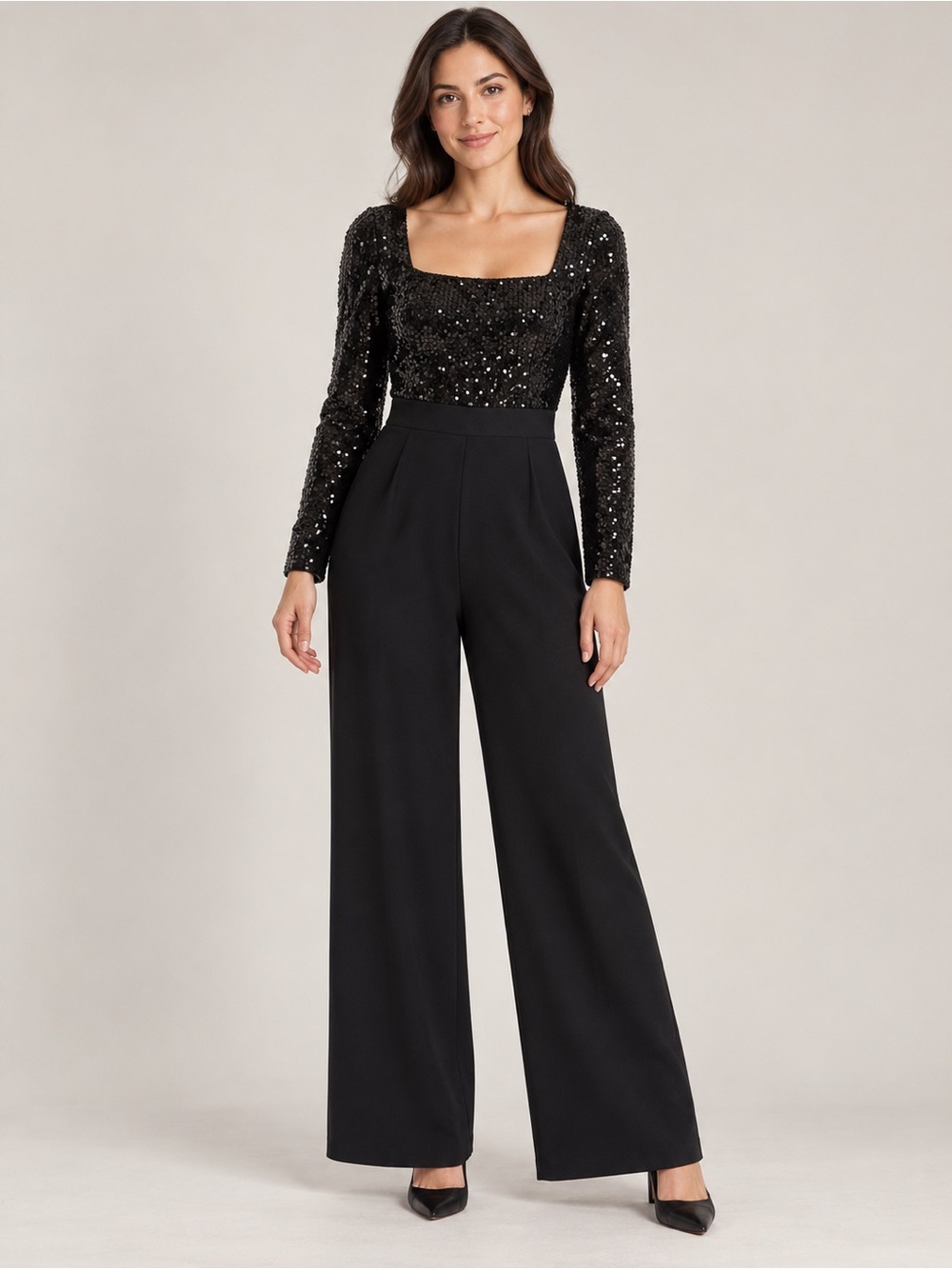 Eliza J Black Sequin Bodice Long-Sleeve Wide-Leg Jumpsuit size 12